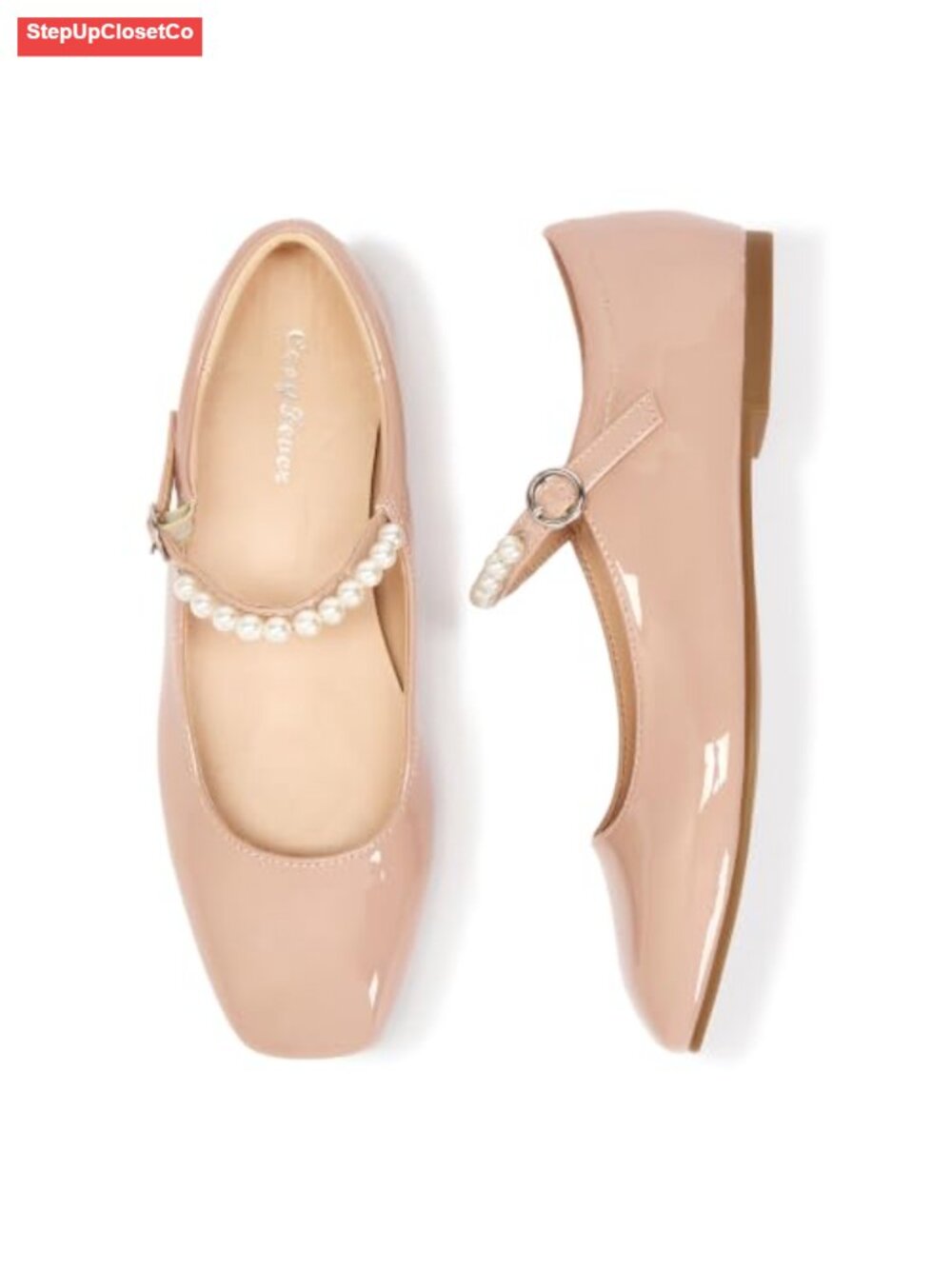 Women's Pearl Strap Mary Jane Flats, Dressy Wedding Guest Shoes, Faux Leather
